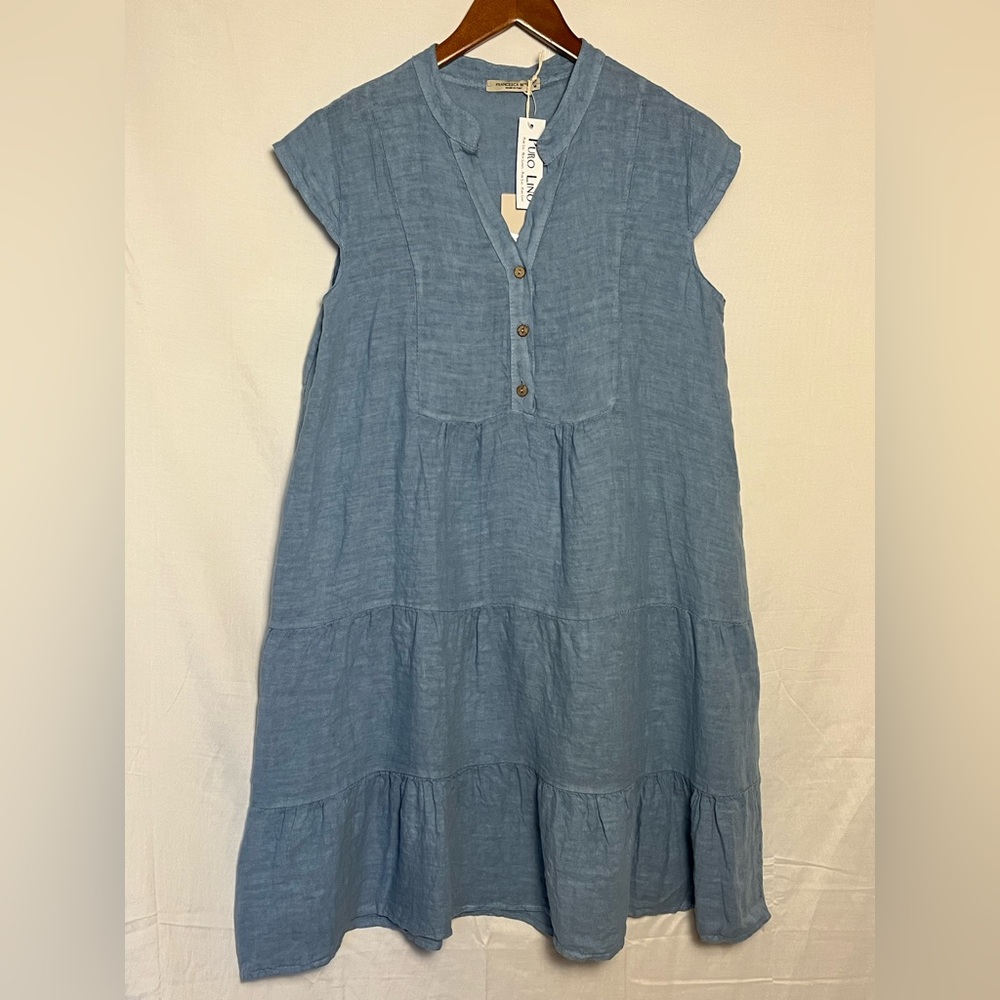 NWT - Francesca Bettini 100% Linen Tiered Dress Loose Fit - Denim Blue - Size M